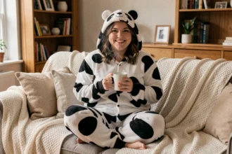Femme grande taille souriante portant une combinaison pyjama animal panda sur un canapé cosy avec couvertures et tasse chaude