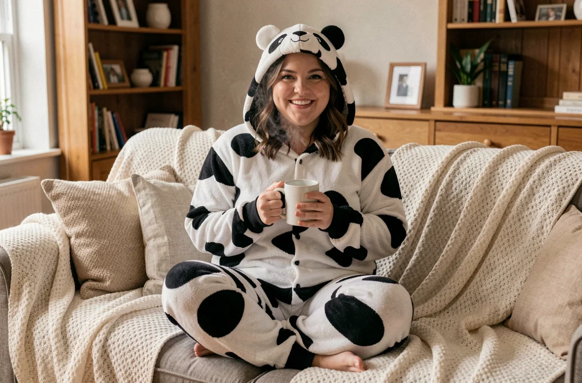 Femme grande taille souriante portant une combinaison pyjama animal panda sur un canapé cosy avec couvertures et tasse chaude