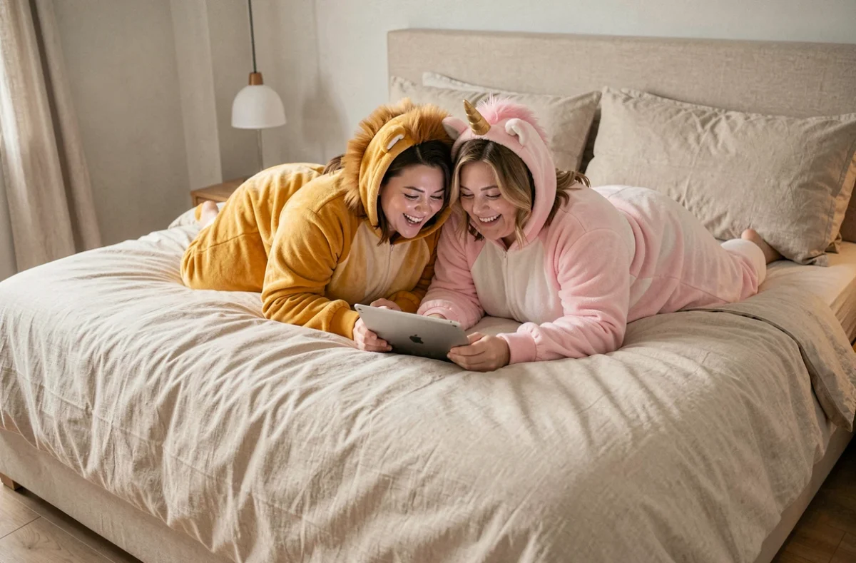 Deux femmes grande taille en combinaisons pyjama animal lion et licorne riant ensemble sur un lit cosy avec tablette