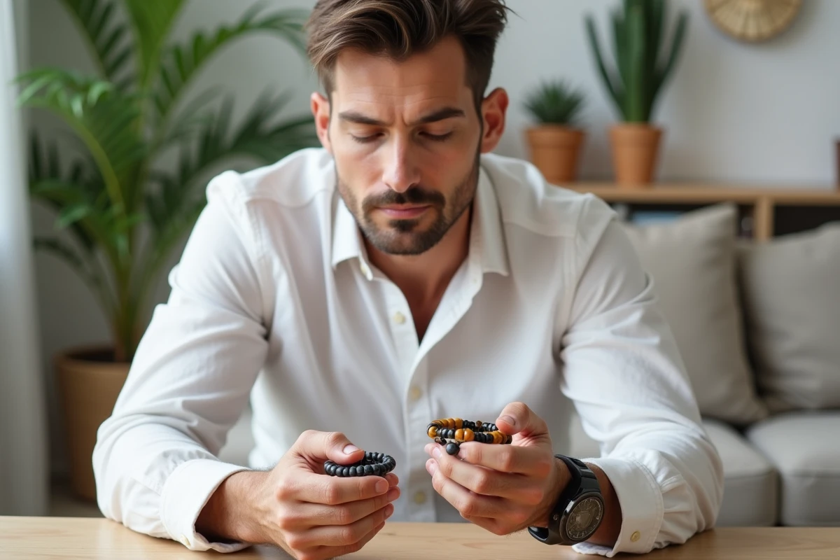 Homme comparant deux bracelets en pierres naturelles pour trouver la taille adaptée à sa morphologie