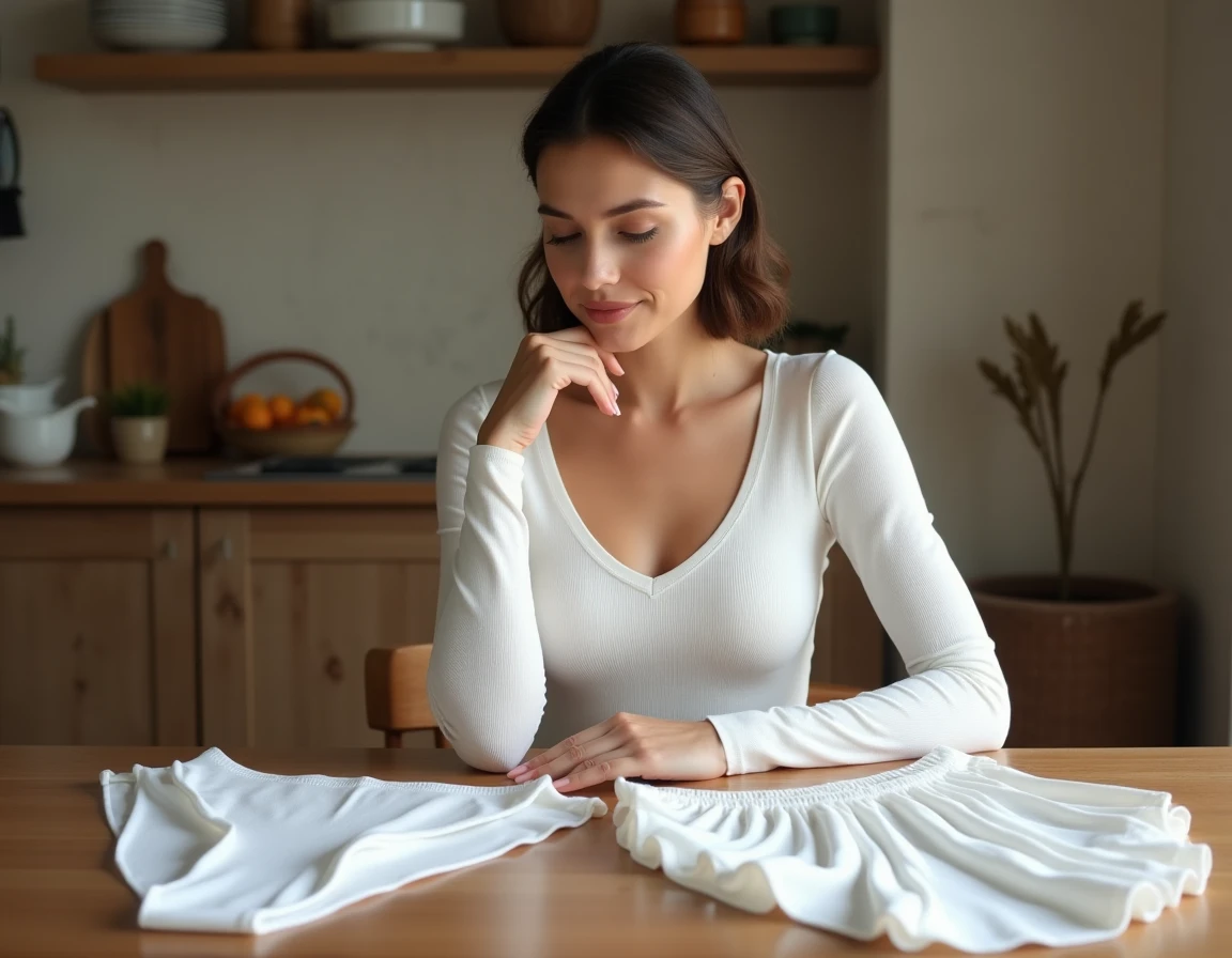 Femme comparant deux jupons blancs sous robe posés sur une table en bois, robe moulante en maille blanche, intérieur maison