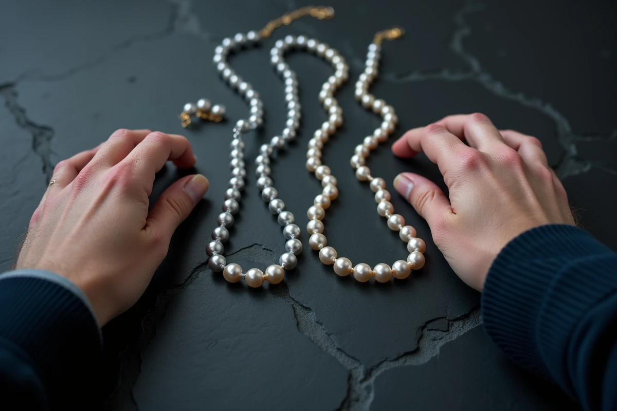 Comparaison côte à côte d'un collier de perles de culture Akoya et d'un collier de perles fantaisie sur ardoise