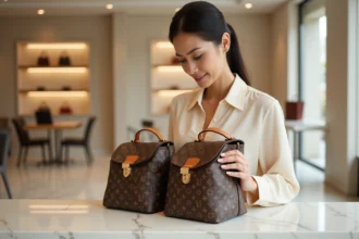 Femme comparant deux sacs à main monogramme Louis Vuitton sur un comptoir en marbre blanc dans une boutique luxueuse