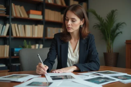 Femme professionnelle consultant des documents et photos publiques étalés sur un bureau en bois dans un environnement de recherche documentaire
