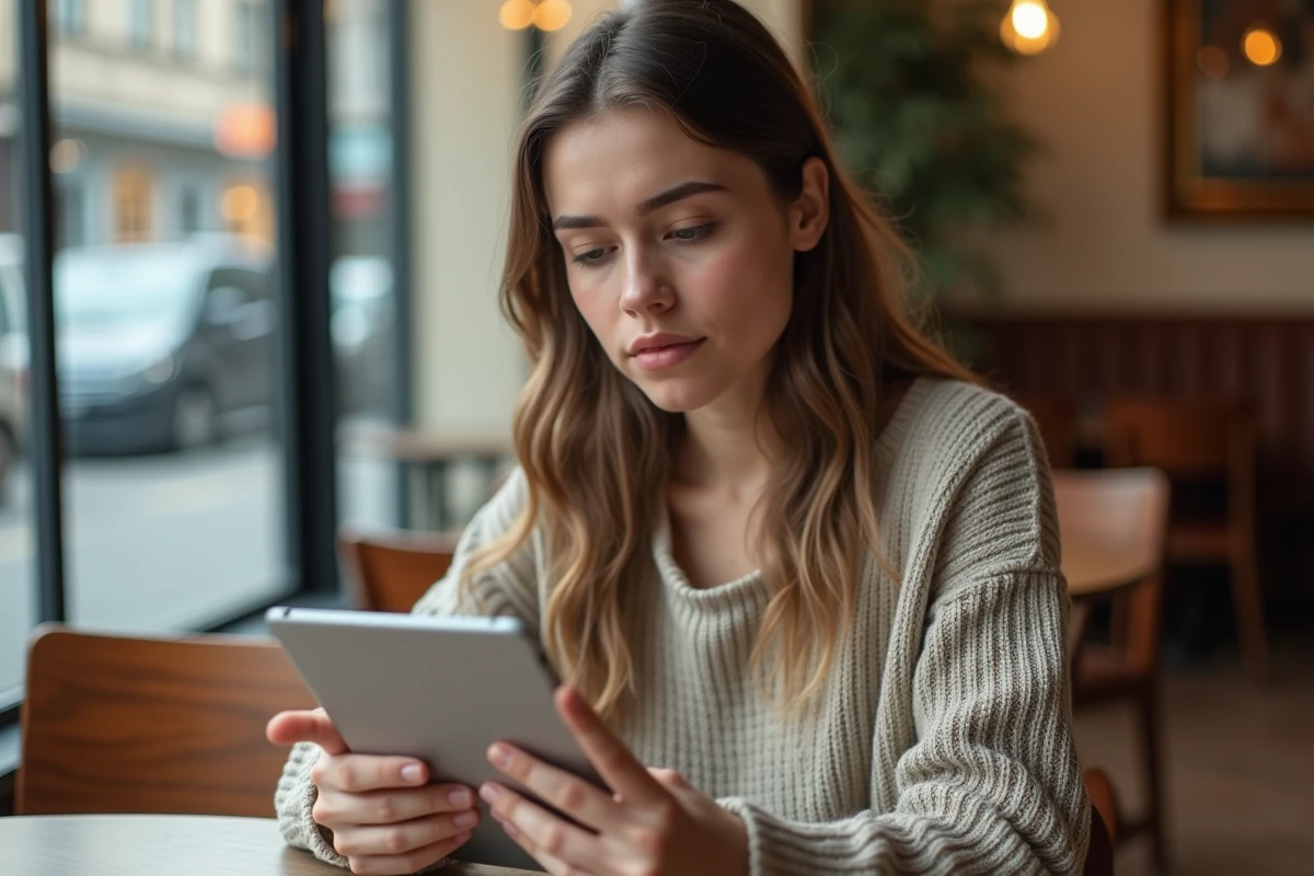 Jeune femme consultant une page de profil public sur une tablette dans un café urbain