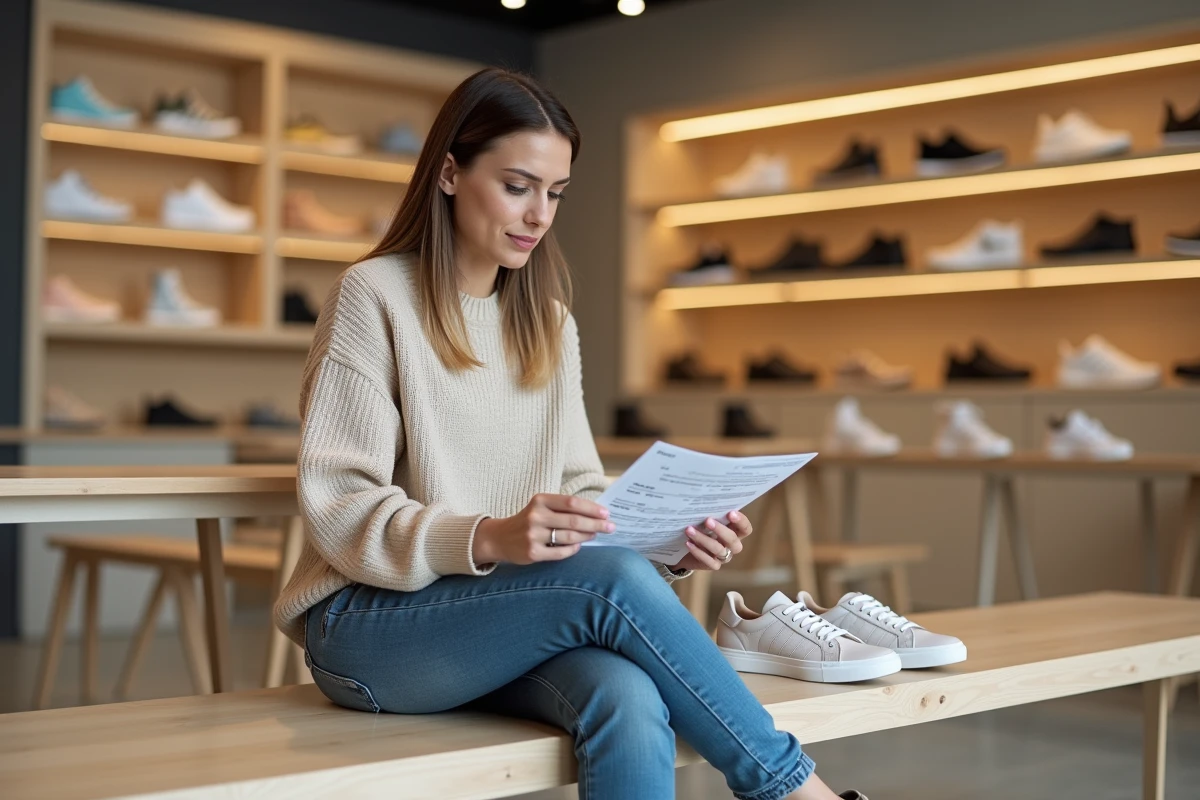 Femme comparant deux pointures de chaussures avec un tableau de conversion UK dans un magasin de chaussures