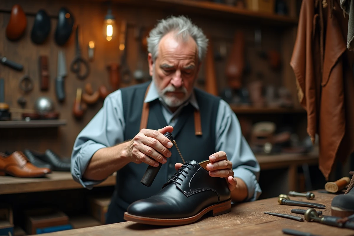 Cordonnier appliquant un spray d'élargissement sur une chaussure en cuir noir dans son atelier