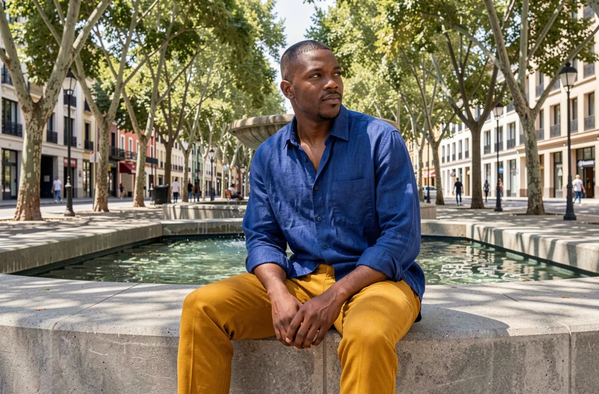 Homme à peau foncée en chemise bleue cobalt et pantalon moutarde, style urbain mode 2026