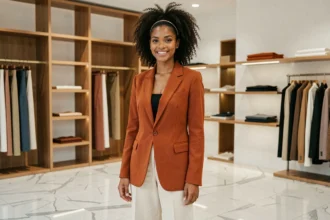 Femme à peau mate portant un blazer terracotta tendance mode 2026 dans une boutique parisienne