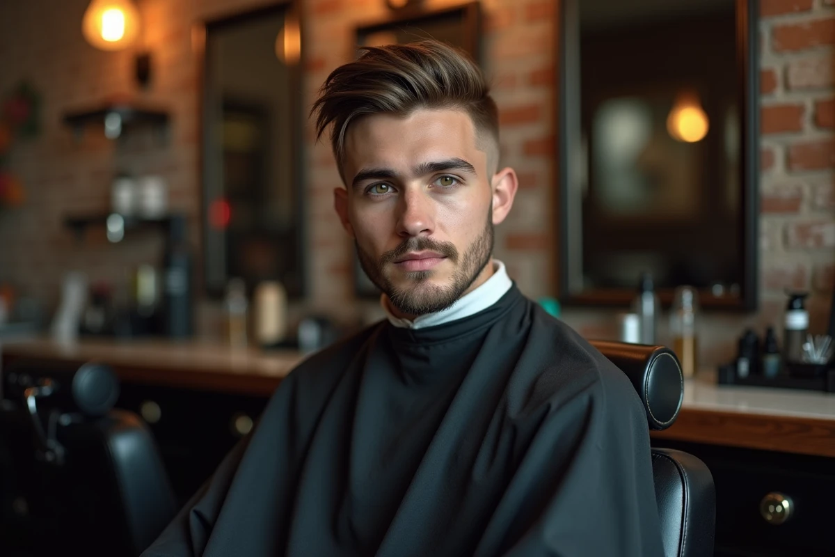 Jeune homme assis chez le barbier avec une coupe casquette style Inoxtag et un dégradé précis sur les côtés