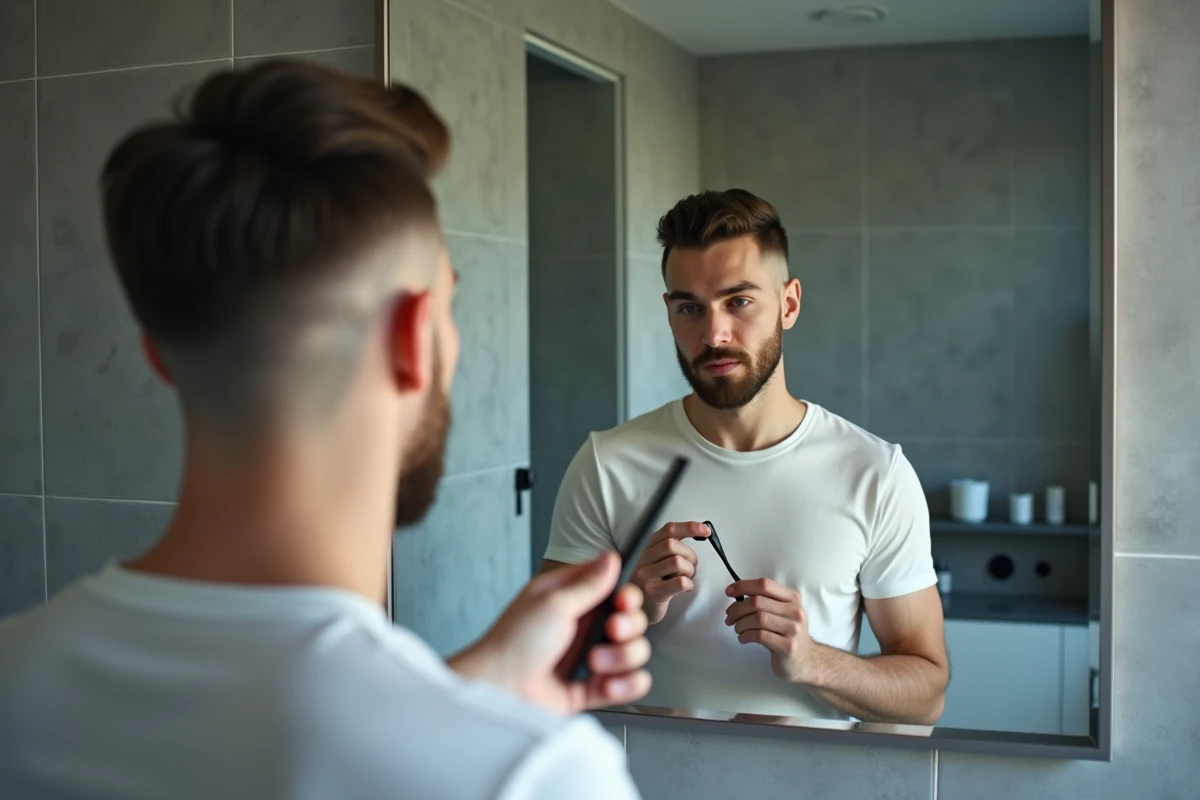 Jeune homme admirant sa coupe casquette style Inoxtag devant un miroir de salle de bain après une visite chez le barbier