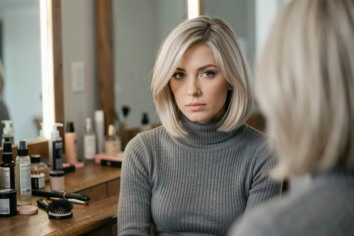 Femme avec une coupe courte asymétrique se préparant devant sa coiffeuse le matin