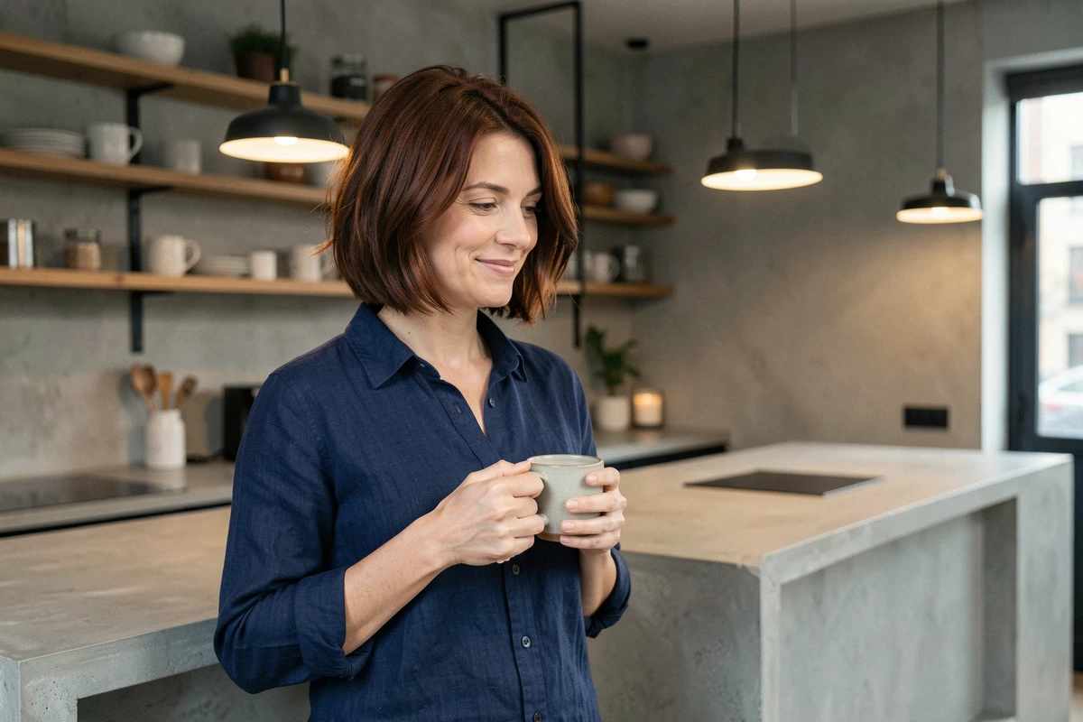 Femme avec une coupe courte moderne et facile à coiffer prenant son café dans une cuisine contemporaine