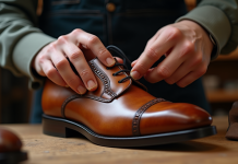 Mains d'artisan inspectant une chaussure en cuir marron
