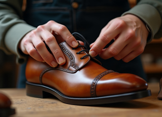 Chaussures de qualité : Comment reconnaître des chaussures fiables ? Mains d'artisan inspectant une chaussure en cuir marron
