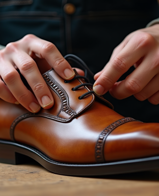 Mains d'artisan inspectant une chaussure en cuir marron
