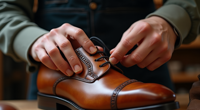 Mains d'artisan inspectant une chaussure en cuir marron
