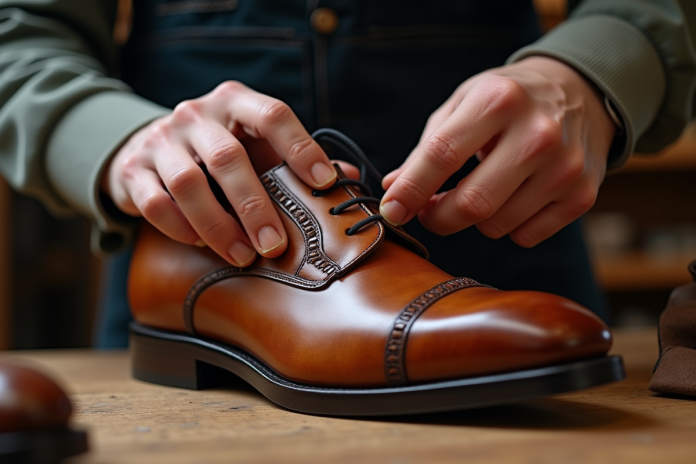 couteur-mains-cuir-qualite Mains d'artisan inspectant une chaussure en cuir marron
