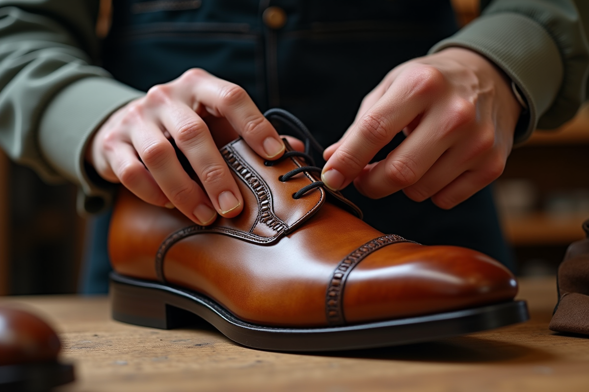 Mains d'artisan inspectant une chaussure en cuir marron