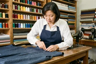 Couturière retoucheuse concentrée sur une retouche à la main dans son atelier de couture à Valence