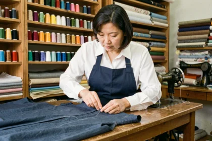 Couturière retoucheuse concentrée sur une retouche à la main dans son atelier de couture à Valence