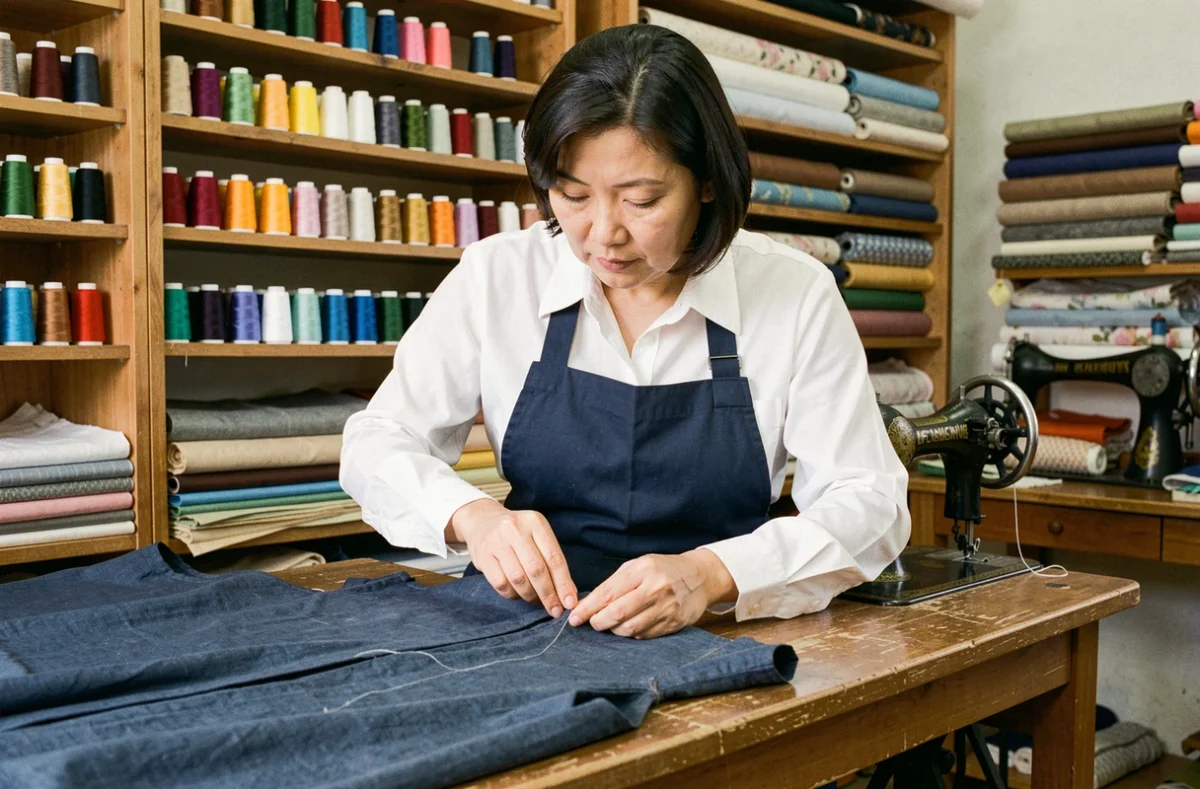 Couturière retoucheuse concentrée sur une retouche à la main dans son atelier de couture à Valence