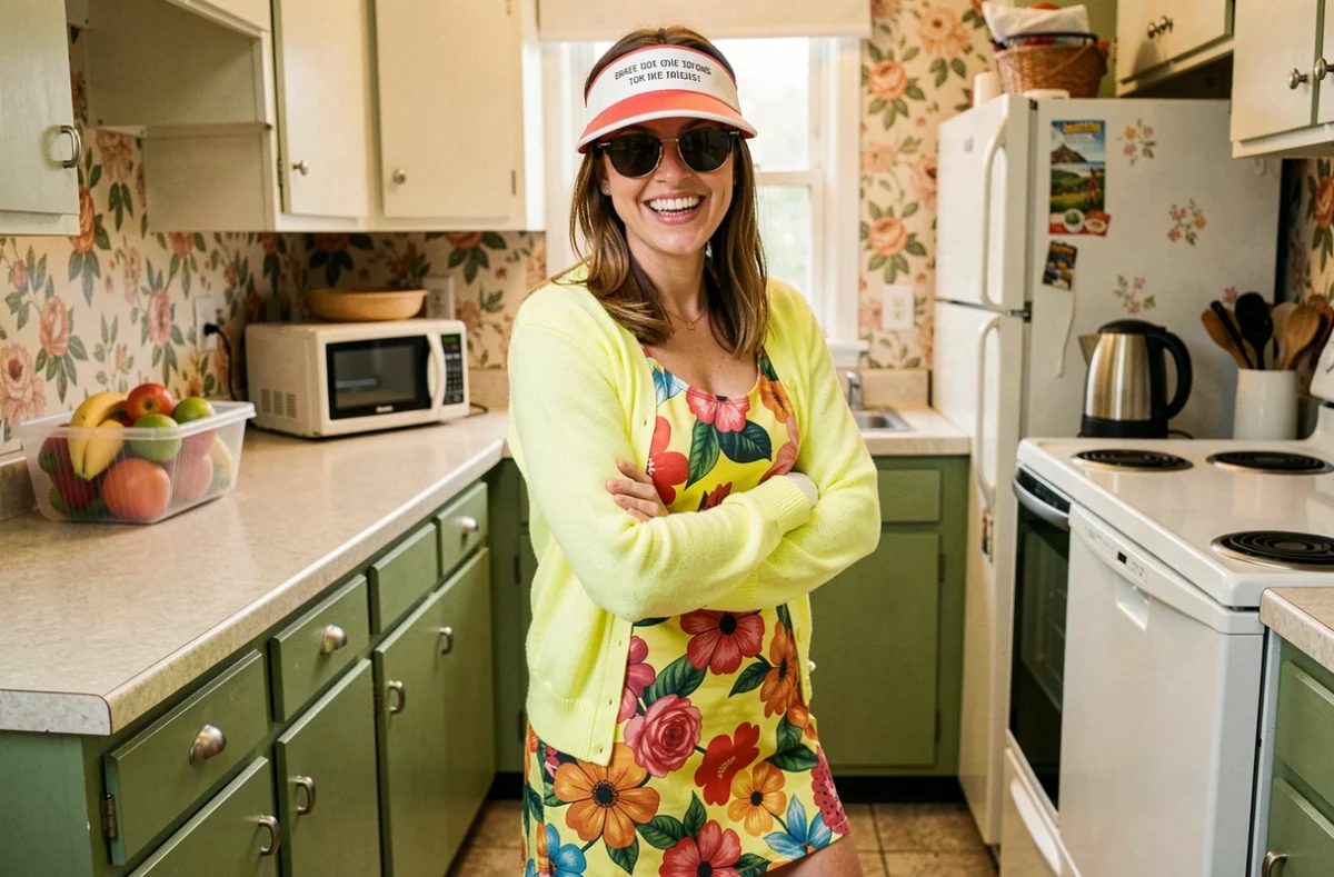 Femme en déguisement beauf pas cher avec robe fleurie et cardigan néon dans une cuisine rétro vintage