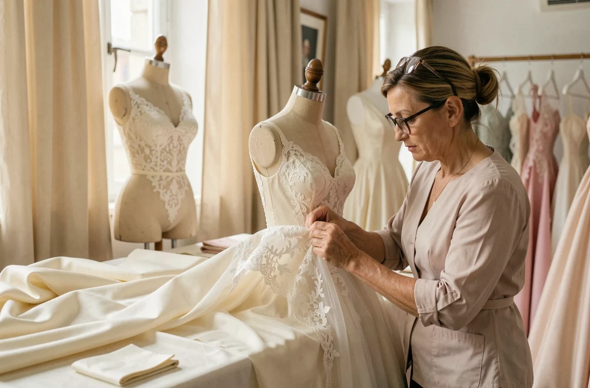 Couturière épinglant de la dentelle Chantilly sur une robe de mariée sur mesure dans l'atelier feutré de Delas Couture à Toulouse