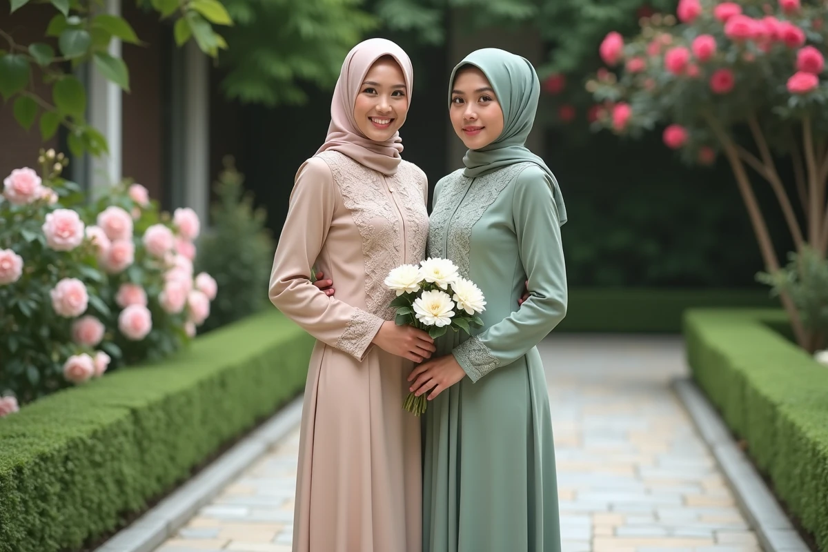 Deux femmes en djilbeb mariage champagne et vert sauge dans un jardin fleuri tenant des bouquets de mariée