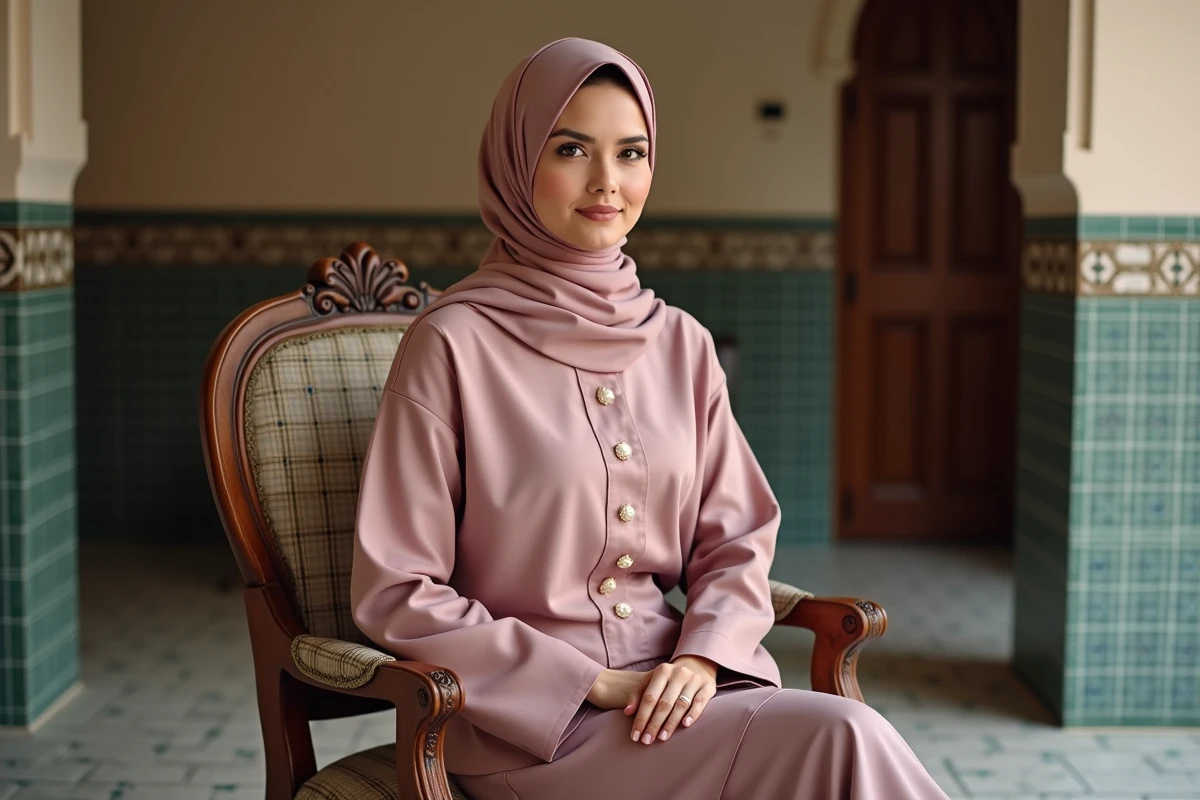 Femme en djilbeb mariage rose poudré avec détails en perles assise dans un intérieur marocain décoré