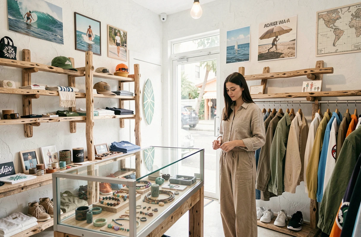 Intérieur d'Ecume de Mer avec vêtements surf, étagères en bois flotté et ambiance côtière bretonne
