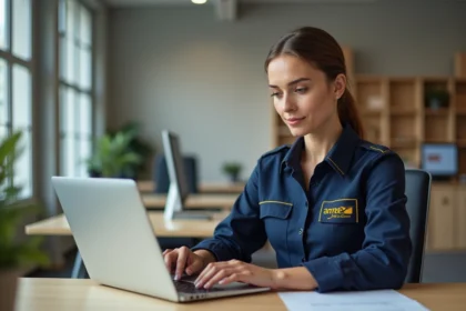 Employée de La Poste en uniforme consultant le portail monespace habillement sur un ordinateur portable au bureau