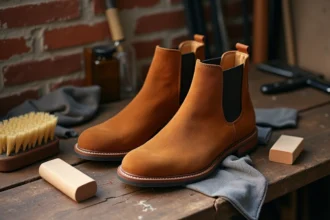 Boots en daim marron avec brosse, gomme et chiffon microfibre sur établi en bois pour l'entretien du daim