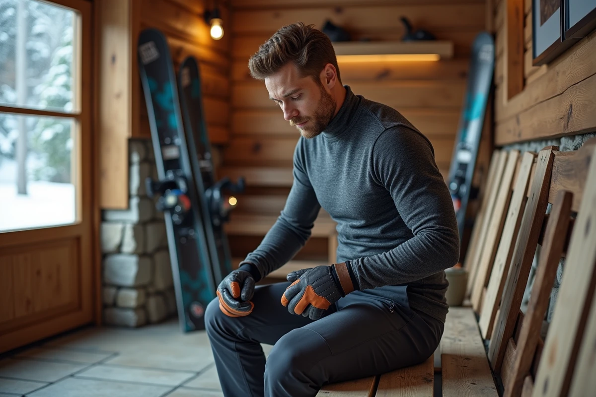 Homme retirant des gants de ski premium en cuir à l'entrée d'un chalet de montagne, portant un mid-layer en laine mérinos et un pantalon de ski technique haut de gamme