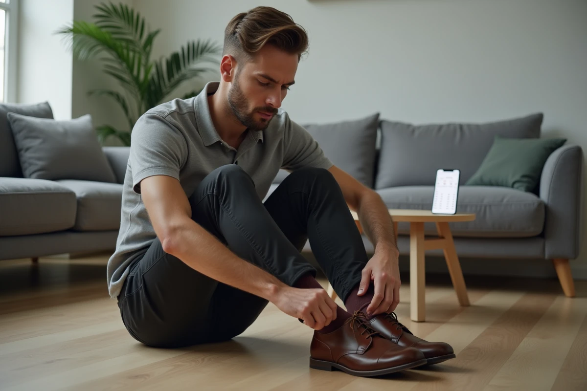 Homme essayant des chaussures en cuir chez lui en vérifiant la correspondance de taille UK sur son téléphone