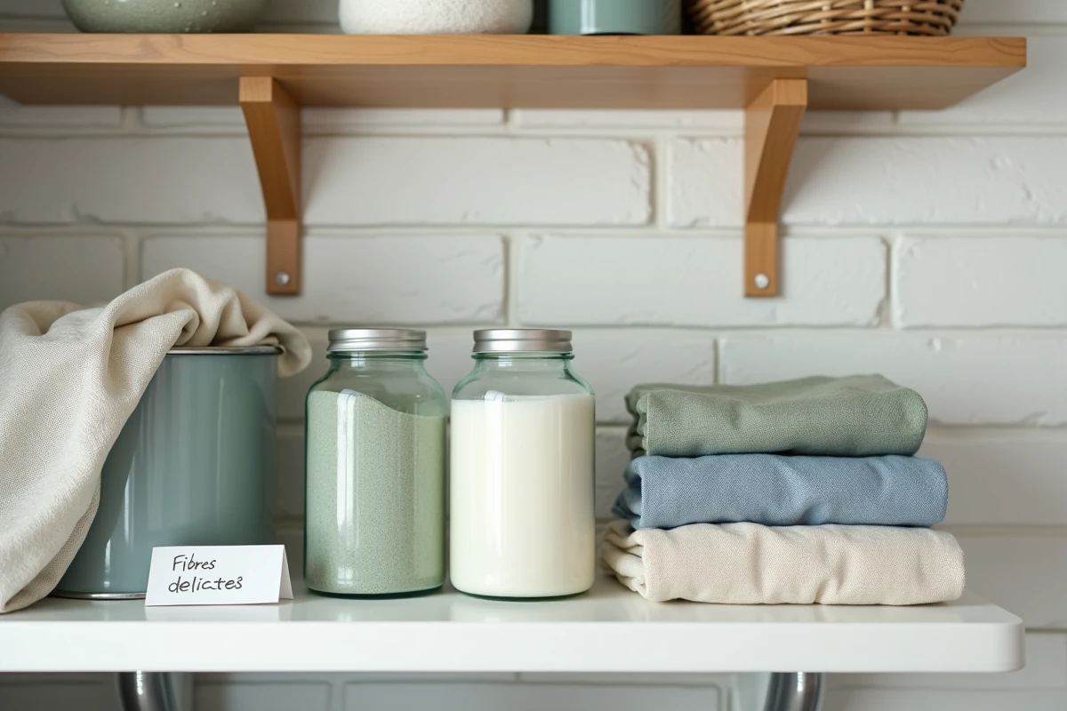 Étagère de buanderie organisée avec des produits de lessive naturels et des types de tissus pour illustrer le soin des fibres