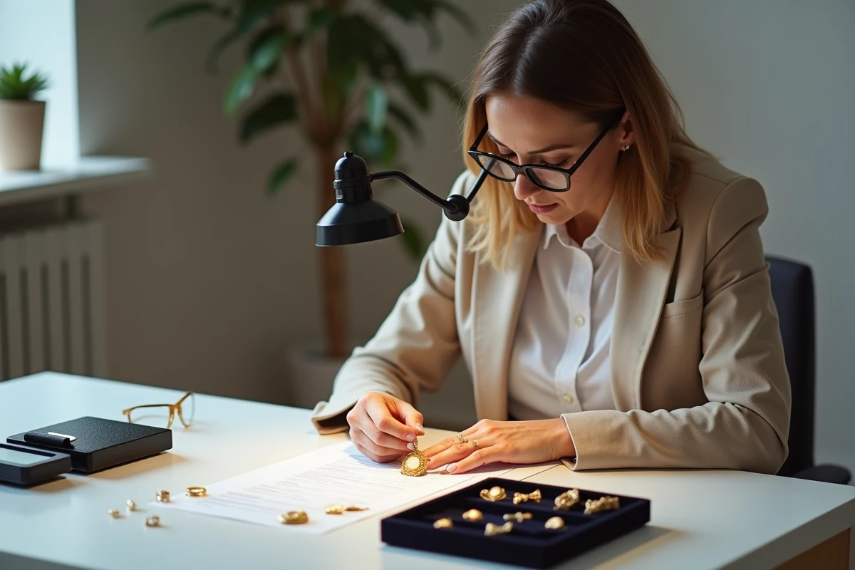 Experte en joaillerie examinant un pendentif camée en or à la loupe dans un cabinet d'estimation, entourée de bijoux anciens et de documents d'évaluation