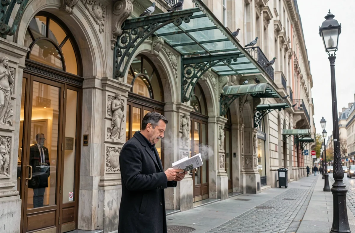 Façade ornementale d'un grand magasin parisien sur boulevard haussmannien en automne