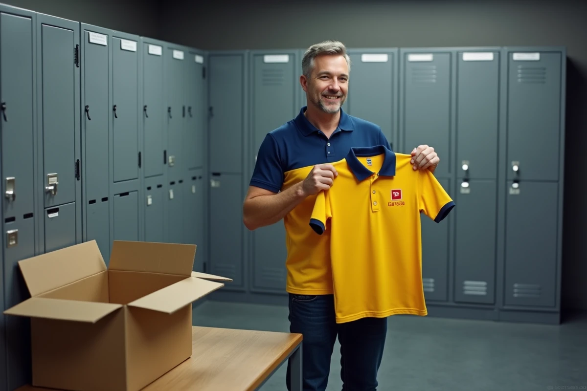 Facteur La Poste découvrant son nouveau polo de travail reçu via la commande de tenue professionnelle