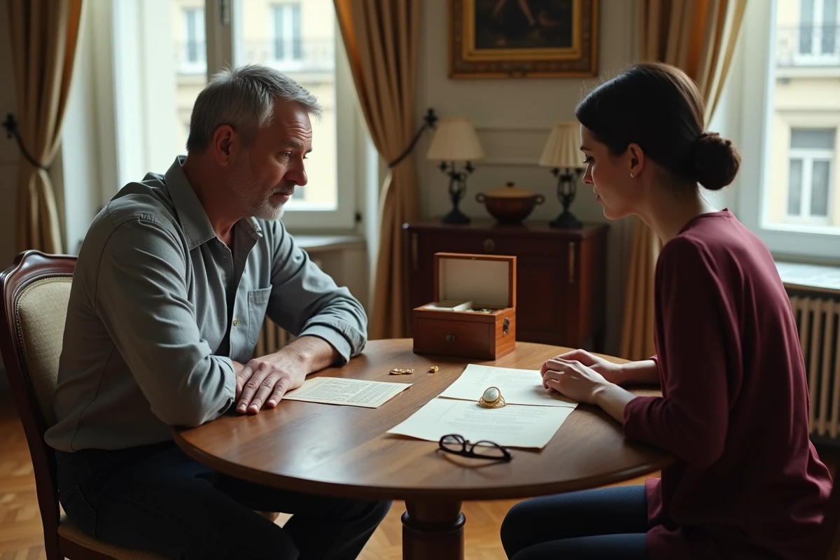 Deux membres d'une famille consultant des documents de succession autour d'un pendentif camée en or posé sur une table, dans un appartement ancien, lors d'un partage d'héritage
