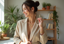 Femme élégante ajustant ses bijoux dans un intérieur lumineux