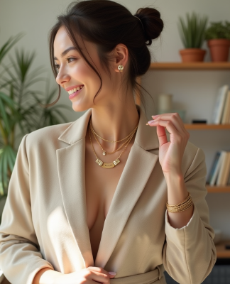 Femme élégante ajustant ses bijoux dans un intérieur lumineux