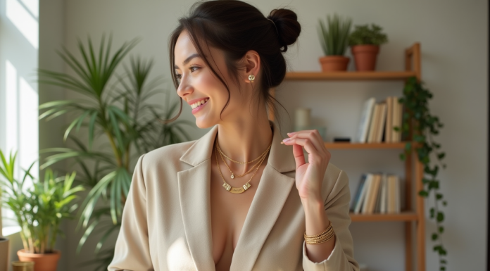 Femme élégante ajustant ses bijoux dans un intérieur lumineux