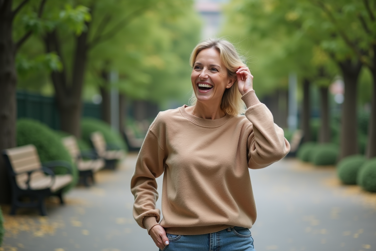 Femme active de 50 ans riant dans un parc urbain