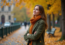 Jeune femme en manteau vert et écharpe dans un parc automnal