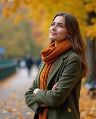 Jeune femme en manteau vert et écharpe dans un parc automnal