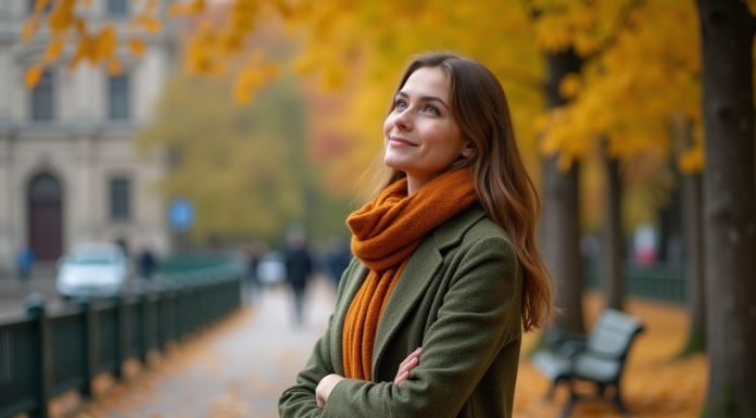 Jeune femme en manteau vert et écharpe dans un parc automnal