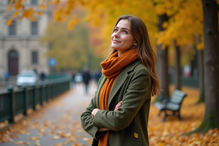 Jeune femme en manteau vert et écharpe dans un parc automnal