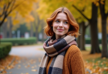 Coiffure automne 2025 : tendances et styles incontournables ! Femme en automne dans un parc urbain avec pull et écharpe