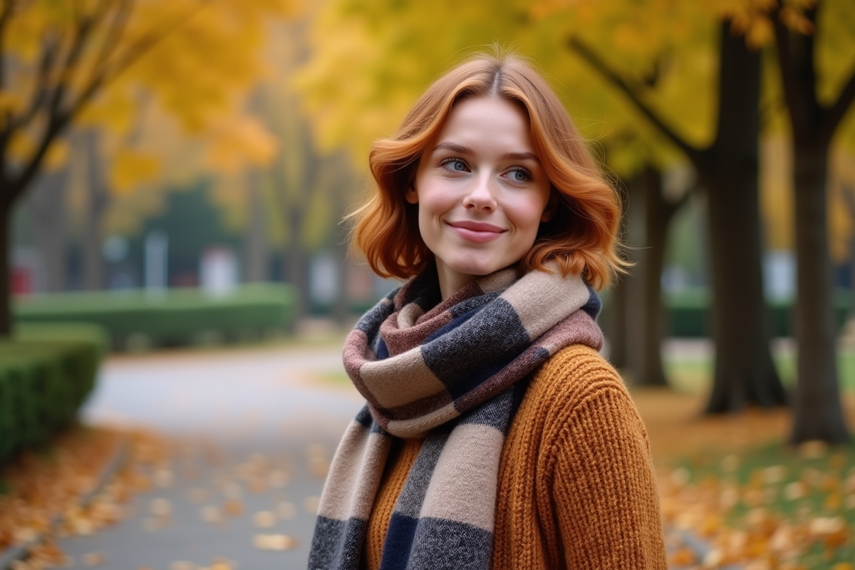 Femme en automne dans un parc urbain avec pull et écharpe